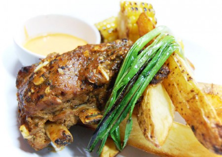 Šoporna ribs - roasted ribs served with american potatoes, grilled corn with  butter and grilled young onion 170 B